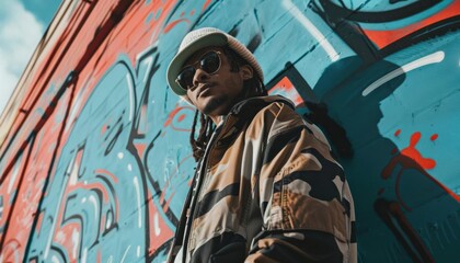 A stylish individual poses against a vibrant graffiti wall.