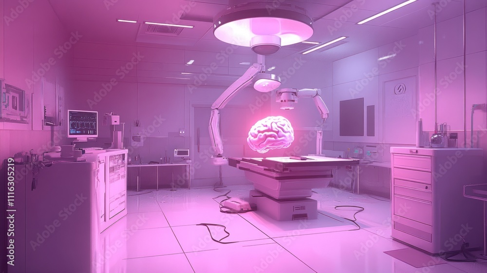 Poster a futuristic laboratory featuring a glowing brain on an operating table.