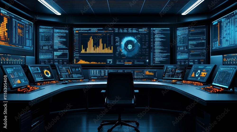 Poster futuristic control room cybersecurity data analysis network monitoring