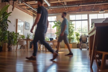 Modern Office Space with People Walking Among Indoor Plants and Natural Light, Showcasing a Productive and Collaborative Work Environment