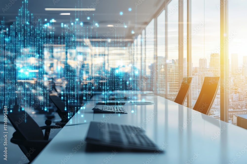 Poster modern office space with technology integration, featuring data visualization and scenic city view f