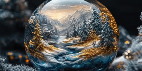 Obraz premium Enchanted winter landscape captured in a snow globe with shimmering gold and serene rivers at dusk