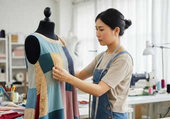 Young creative asian woman working as seamstress adjusting patchwork dress on mannequin in her bright workshop