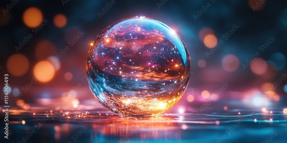 Aufkleber celestial bubble reflecting colors and cosmic patterns in a shimmering atmosphere during dusk