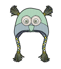 Knitted owl hats technical flat drawing vector mockup template.