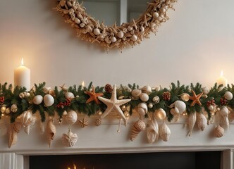 Seashell and starfish Christmas garland draped over a mantel, holiday season, christmas garland