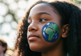 Close-up of a young girl with earth face paint participating in a climate change protest, symbolizing environmental awareness