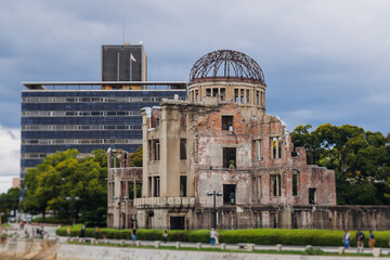 Hiroshima, skyline city view with Atomic Bomb Dome, Peace memorial park with A-Bomb Genbaku Dome, Hiroshima prefecture, Japan, in a sunny fall autumn day