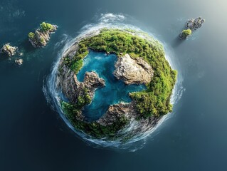 Fototapeta premium Tiny Planet Earth Aerial View of Lush Island Ocean