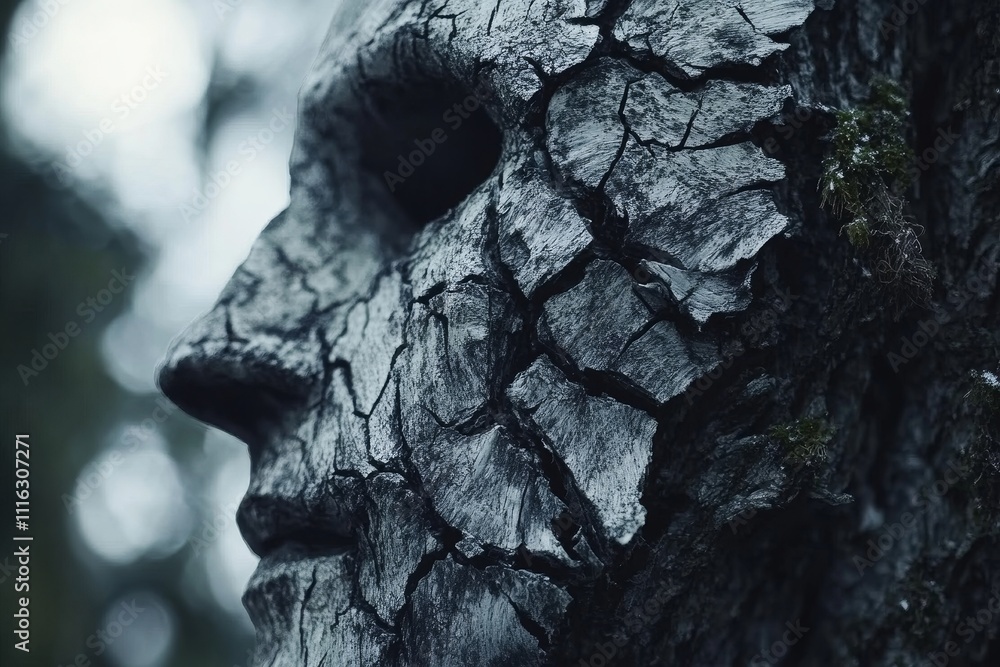 Poster mysterious forest sculpture of a human-like face carved into a weathered tree trunk with cracked bar