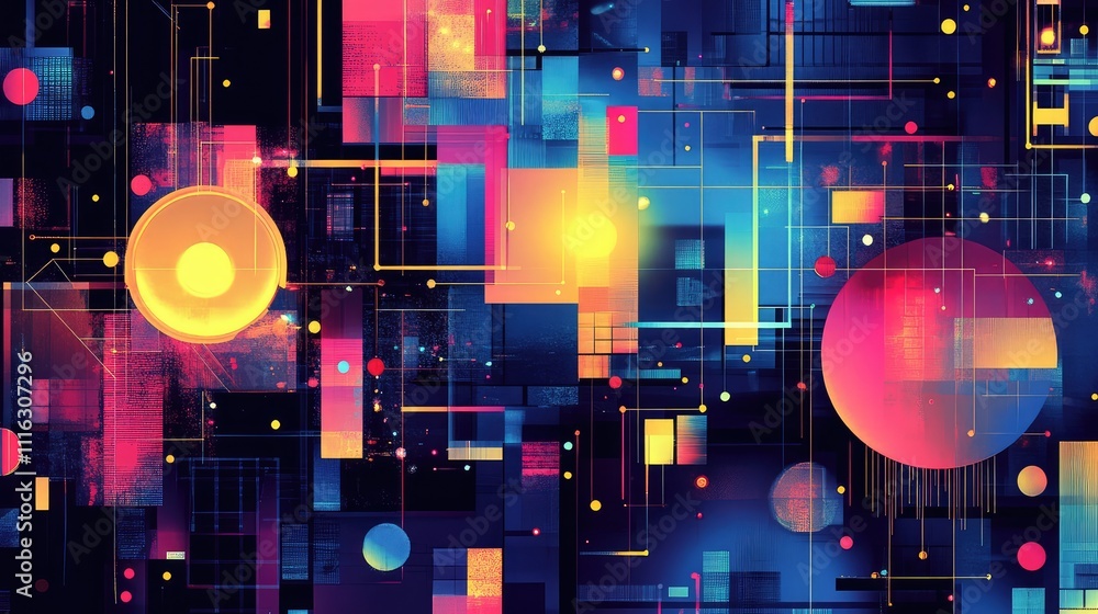 Poster a pixel collage featuring a mixture of squares, triangles, and circles in contrasting neon hues, cre