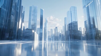 Futuristic cityscape with reflective glass buildings