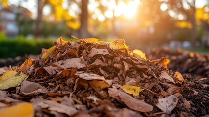 Pile of Dried Leaves in Autumn Light with a Warm Glow and Blurred Background of Trees and Grass in a Serene Outdoor Environment