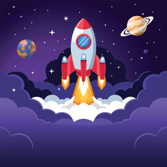 Fototapeta premium Space rocket launch and galaxy vector with smoke and clouds design template