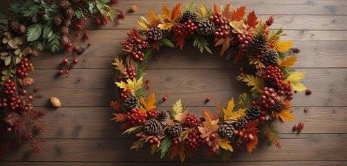 Wooden table with an autumn-themed wreath made from leaves, pine cones and berries, table, rustic, wooden