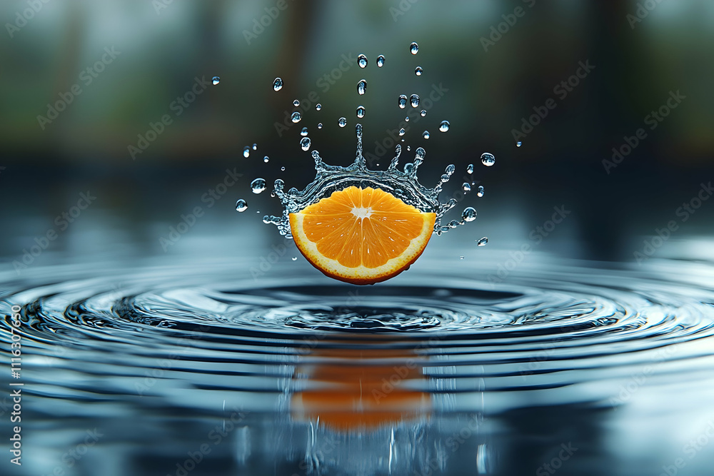 Poster orange slice splashing into water, creating concentric ripples and droplets.