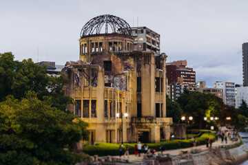Hiroshima, skyline city view with Atomic Bomb Dome, Peace memorial park with A-Bomb Genbaku Dome, Hiroshima prefecture, Japan, in a sunny fall autumn day