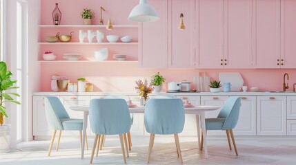 Pink and Blue Kitchen Dining Area with Natural Light