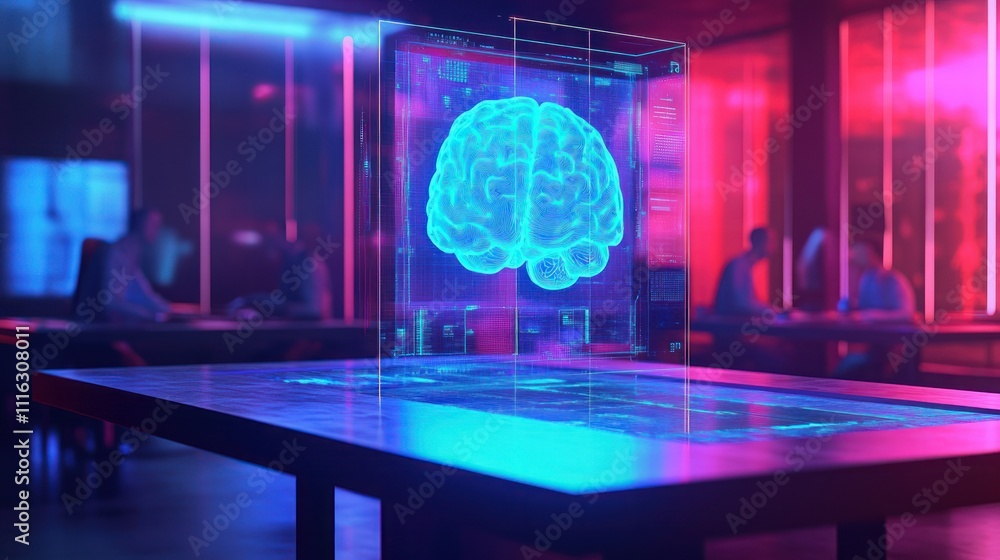 Poster a glowing holographic brain model displayed on a table in a futuristic setting.