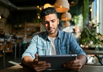 Obraz premium Young freelancer using digital tablet in a trendy cafe, working remotely and enjoying the ambiance