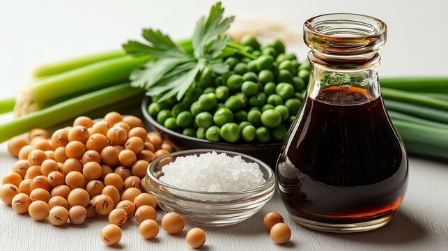 sleek glass bottle holds dark soy sauce surrounded fresh scallions green peas soybeans and sea salt. arrangement modern and highlights essential culinary ingredients.