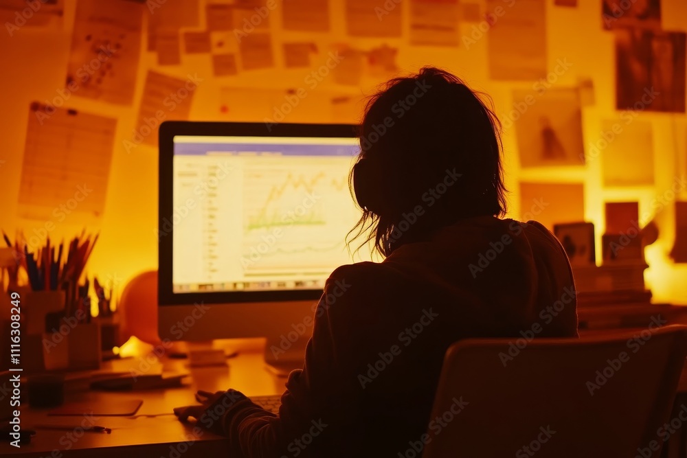 Poster person analyzing data on computer in warmly lit environment surrounded by paper notes and colorful d