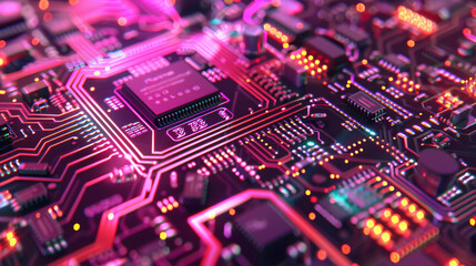 Obraz premium A close-up view of a high-tech electronic circuit board with intricate details and vibrant colors, showcasing microchips and wiring.