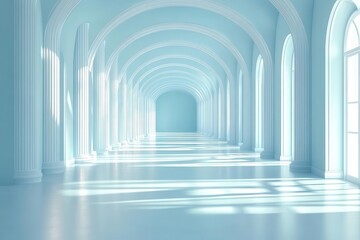Obraz premium minimalistic architectural background in white and light blue, featuring airy space with tilted columns that evoke a sense of serenity and modern design, ideal for use in banners or presentations