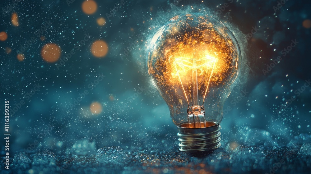 Poster illuminated light bulb with glowing particles in a moody scene