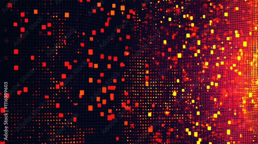 Poster a pixel overlay texture featuring scattered glowing dots and fragmented squares in bright neon tones