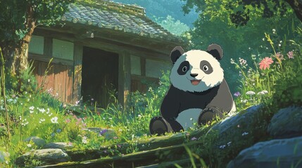 Obraz premium Smiling Panda in a Lush Garden