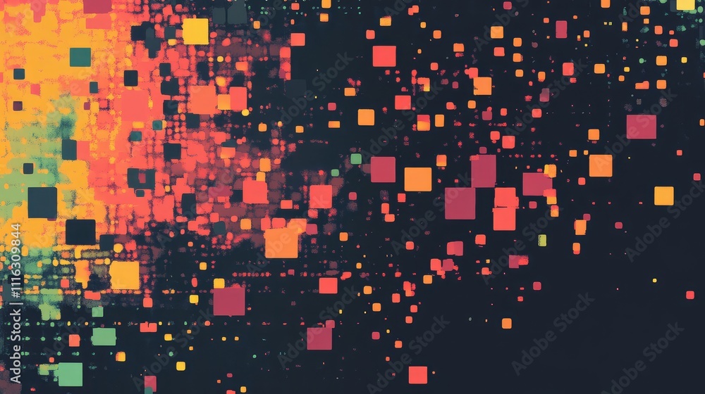 Poster a pixel overlay texture featuring scattered glowing dots and fragmented squares in bright neon tones