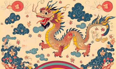 Vibrant Chinese Dragon Doodles, Playful and Whimsical 2D Illustrations for Posters, Tags, and Banners.