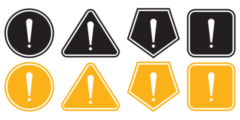 Attention sign icon set. Black, color, linear. Icons, symbols, signs. Exclamation danger sign. Attention sign icon set. Hazard warning attention sign. Silhouette on white background.