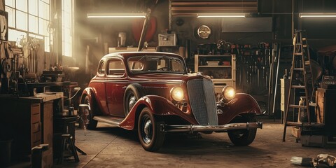 Obraz premium A vintage car being restored in a workshop, detailed tools and warm lighting, nostalgic mood