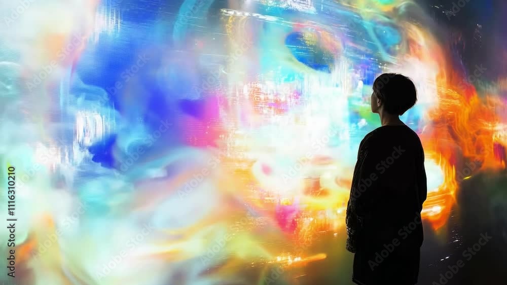 Poster woman is looking at glowing digital data on transparent screens, possibly a programmer working in a 