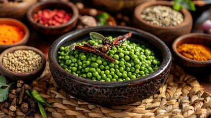 A bowl of green peas placed on a woven mat, surrounded by various spices and seasonings