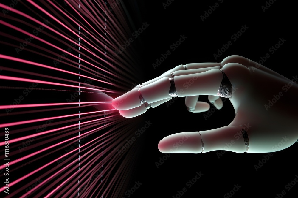 Poster robotic hand reaching toward neon laser beams creating a futuristic visual effect with threads of li