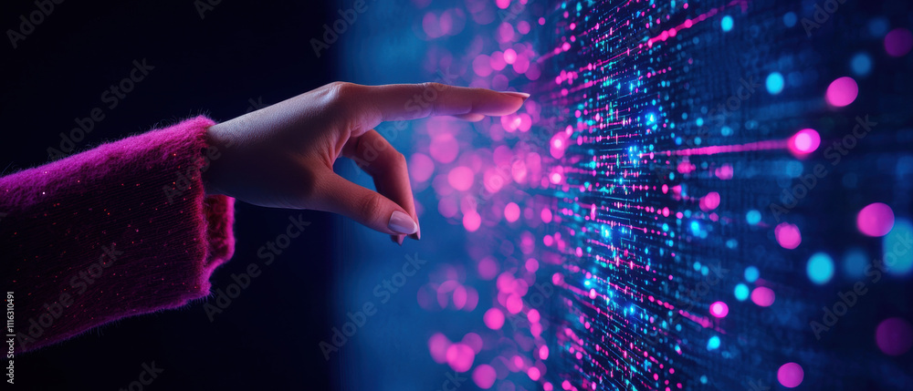 Poster a hand reaches towards a vibrant, illuminated display of colorful light particles, symbolizing techn