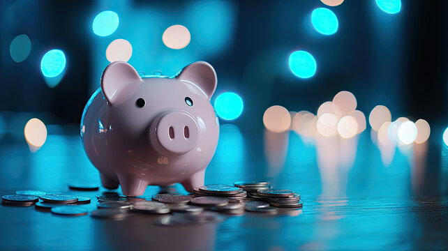 Piggy bank on wooden table with scattered coins