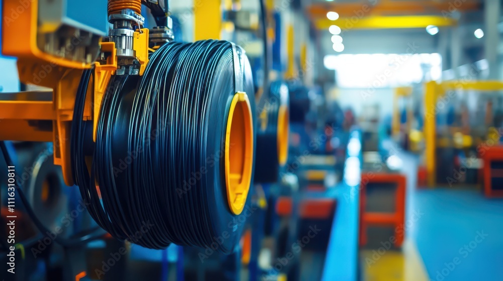 Poster industrial automation technology in manufacturing facility with focus on robotic arm handling coiled