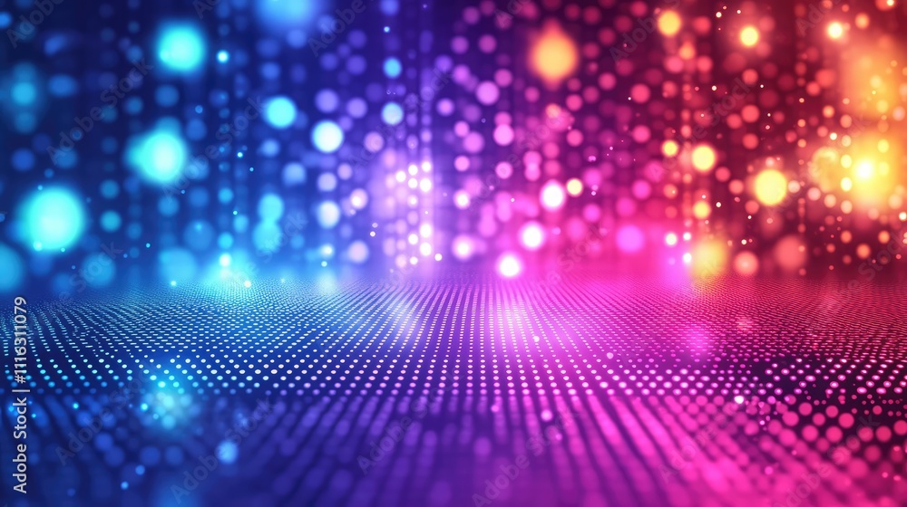Poster a pixel overlay texture featuring scattered glowing dots and fragmented squares in bright neon tones