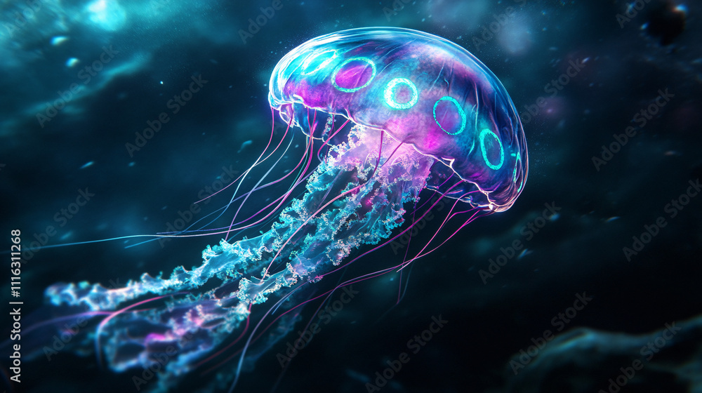 Poster a jellyfish with glowing circular tattoos in teal and violet, floating through the deep ocean, casti