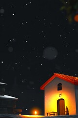 Fototapeta premium A candlelit house glows warmly against a snowy night sky. Сoncept of Candlemas Day. Template for background, banner, card, poster