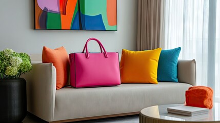 A brightly colored square bag set against a neutral couch, adding a pop of color to the living space