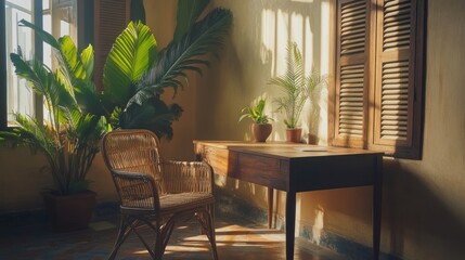 Obraz premium Sunlit Room With Plants Wooden Desk And Chair