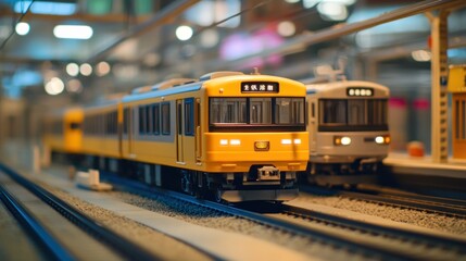 Fototapeta premium Yellow train on miniature railway in indoor model exhibit