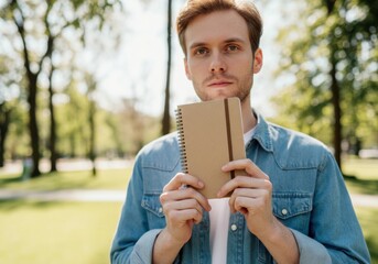 Fototapeta premium Pensive student holding a notebook in a park, contemplating future projects and enjoying the peaceful surroundings
