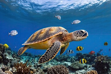 Obraz premium Underwater Turtle Swimming with Tropical Fish and Vibrant Marine Life
