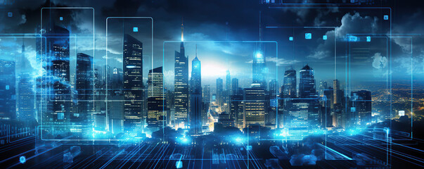 Futuristic city skyline illuminated at night with digital elements and glowing lights
